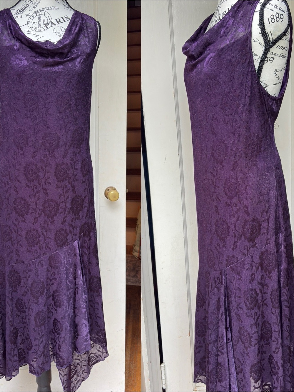 Purple Floral Mesh Cowl Neck Asymmetrical Maxi Dress Size 14 NWT